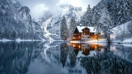 Wall Mural - Snow-Covered Cabin by a Tranquil Mountain Lake in Winter, Cozy Lights Reflecting on Water