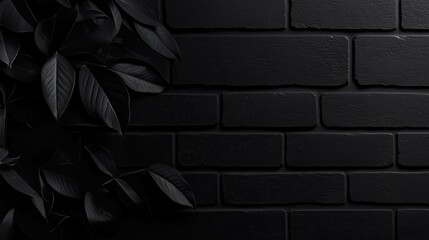 Minimalist dark brick wall with scattered leaf details