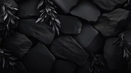 Minimalist matte black stone and leaves pattern on black background, texture, wallpaper	
