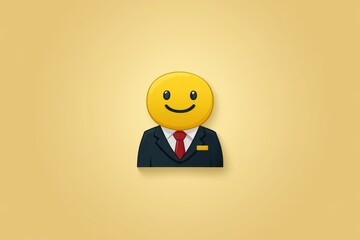 Wall Mural - 3D Illustration of a Smiling Businessperson Emoji in a Suit Against a Yellow Background Symbolizing Professionalism Positivity and Modern Communication in the Workplace