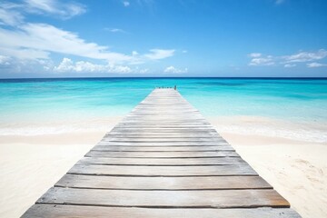 Wall Mural - Wooden pier extending into turquoise ocean with white sand beach and clear water in a wide-angle view.