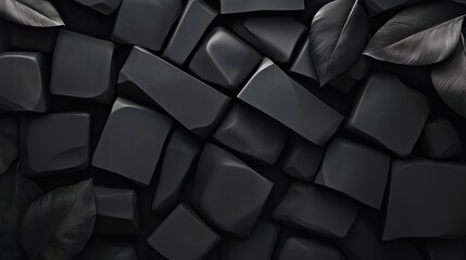 Minimalist dark stones and leaves arranged in a geometric pattern