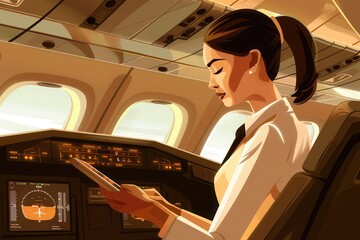 Poster - The flight attendant reviews flight details on a tablet while seated in the cockpit, preparing for takeoff during a bright afternoon. Generative AI