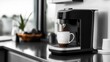 © JAKE STUDIO - AIenabled coffee maker on a counter, side view, highlighting morning routines, technology tone, black and white