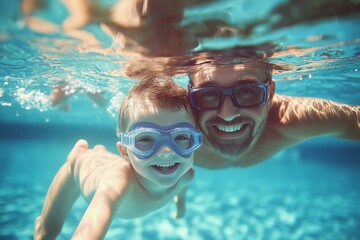 Father and son swimming underwater in a pool, wearing goggles and smiling at the camera, high-resolution, professional color grading, sharp focus, and soft shadows.