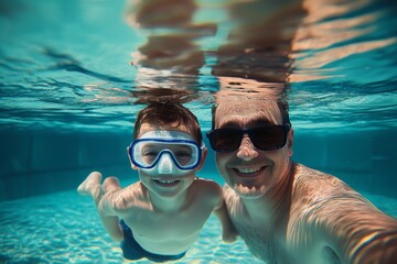 Father and son swimming underwater in a pool, wearing goggles and smiling at the camera, high-resolution, professional color grading, sharp focus, and soft shadows.