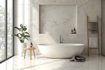 A modern bathroom featuring a serene white bathtub, elegant decor, and natural light flowing through large windows.