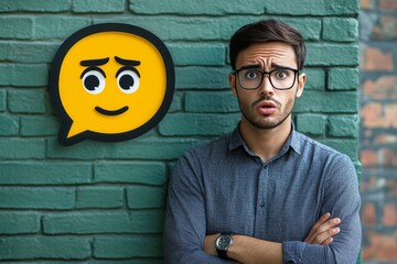 Sticker - Concerned Young Man Standing Beside a Yellow Emoji with a Worried Expression Highlighting Modern Communication and Emotional Expression in a Digital World