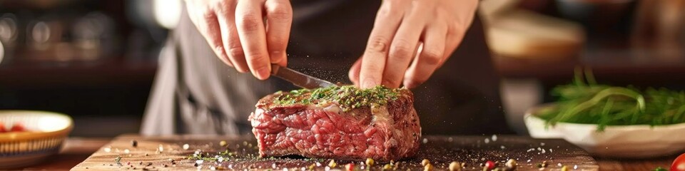 Poster - A woman adding spices to a steak for a meal.