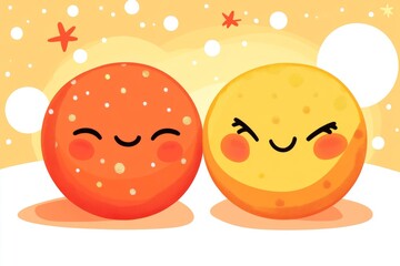 Poster - Adorable Cartoon Orange and Yellow Ball Characters with Blushing Faces Representing Friendship Love and Joy in a Cute Playful Design