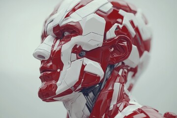 Poster - Abstract Red and White Robotic Head Symbolizing Advanced AI Cybernetics and the Fusion of Human and Machine in a Futuristic Context