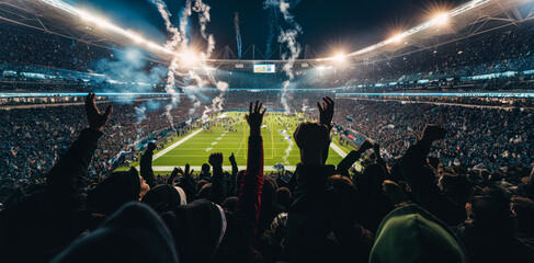 Exciting football match at Wembley Stadium with cheering fans and fireworks lighting the night sky