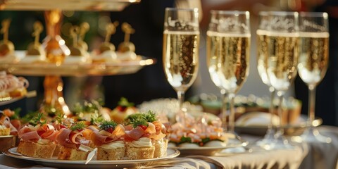 Canapes on plates and champagne in flutes on elegantly set tables for festive occasion