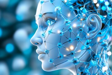 Sticker - Futuristic Human Face Composed of Blue Digital Network Nodes Symbolizing the Integration of Technology Artificial Intelligence and Human Consciousness in a Sci Fi World