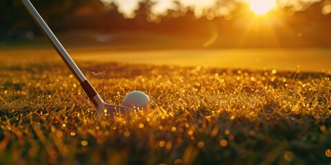 Poster - Golf club and ball on green grass at sunset