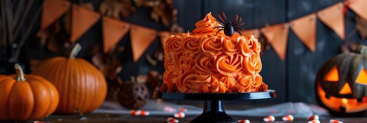 Wall Mural - Festive Halloween cake featuring orange frosting, adorned with decorative pumpkins, candy corn, and spiders in a dimly lit setting.