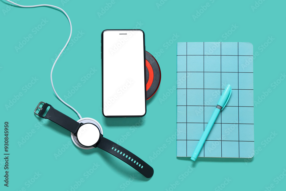 Set of modern gadgets, notebook and pen on color background