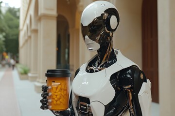 Poster - Futuristic Android Holding a Coffee Cup Symbolizing the Integration of AI Robotics and Everyday Human Life in a Sci Fi World