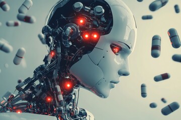 Poster - Profile of a Futuristic Android with Red Lights Highlighting the Advanced Integration of AI Robotics and Human Machine Interaction in a Sci Fi World