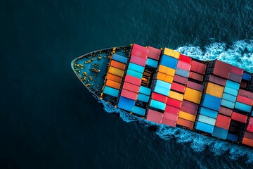 Aerial view of a cargo ship loaded with colorful containers navigating through water.