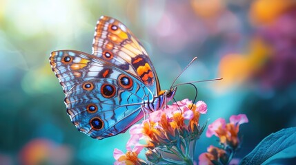 Wall Mural - Blue Morpho Butterfly on Pink Flower with Blurred Background