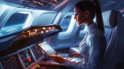 Aufkleber - A flight attendant focused on a tablet in the cockpit, surrounded by control panels, during a commercial flight, highlighting her attention to detail and professionalism. Generative AI