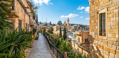 Scenic view of a historic street in Jerusalem with lush greenery and architectural landmarks on a sunny day