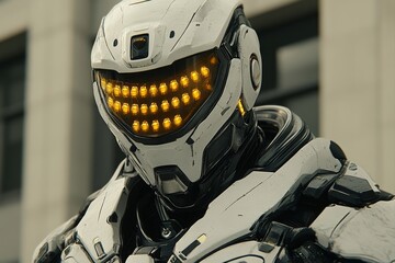 Futuristic White and Yellow Android with Glowing Visor Representing Advanced AI Technology and Robotic Engineering in a Sci Fi World