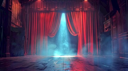 Aufkleber - A dramatic stage with red curtains and a spotlight shining through the center. The atmosphere is mystical and inviting. Perfect for theatrical productions and showcases. AI