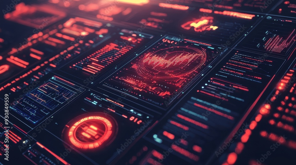 Red Glowing Digital Interface with Graphs and Data の Stock イラスト | Adobe ...