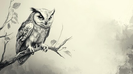 Sticker - Owl Perched on Branch with Sketchy Background