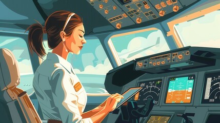 Poster - A flight attendant reviews important details on a tablet while overseeing operations in the cockpit during a calm flight. Generative AI