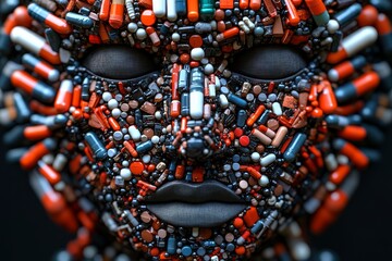 Canvas Print - Striking visual of a humanoid face composed of densely packed vibrant pharmaceutical capsules