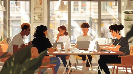 Fototapete - Young entrepreneurs brainstorm and share ideas in a lively cafe, surrounded by their laptops, notebooks, and coffee cups on a sunny day. Generative AI