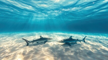 Wall Mural - Two Tiger Sharks Swimming in Clear Blue Waters