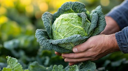 Wall Mural - hands holding a large, ripe cabbage in a sunlit field. The fresh green vegetable symbolizes growth, nurturing, and the harvest season, capturing the essence of sustainable farming and natural abundanc