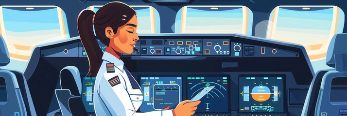 Poster - A flight attendant is focused on reviewing safety procedures while seated in the cockpit as the sun shines through the windows. Generative AI
