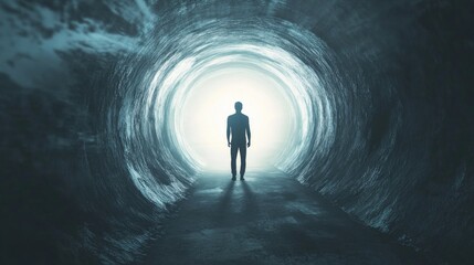 Silhouette of a man walking towards a bright light at the end of a tunnel