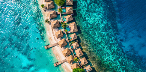 Wall Mural - Overwater bungalows on a tropical lagoon with crystal clear waters and white sandy beach during daytime