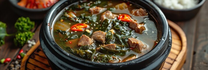 Wall Mural - Traditional seaweed soup with meat in a black bowl, commonly associated with Korean birthdays and suitable for expectant mothers