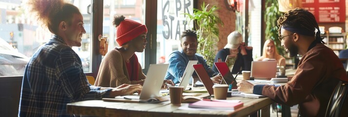 Aufkleber - A team of young entrepreneurs exchanges ideas while working on laptops and discussing notes in a lively cafe atmosphere. Generative AI