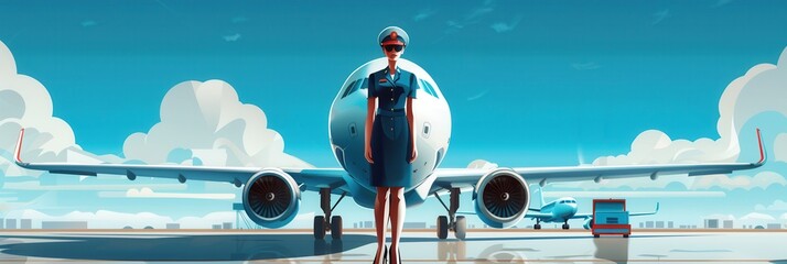 Poster - A flight attendant poses in front of a parked aircraft, showcasing professionalism and pride in her role at the airport. Generative AI
