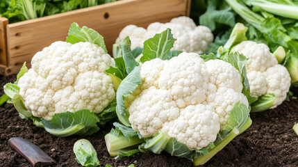 Poster - cauliflower plant stands tall in a vibrant green field, bathed in sunlight. The detailed texture of the vegetable contrasts with the soft, blurred background, emphasizing nature's abundance and harves