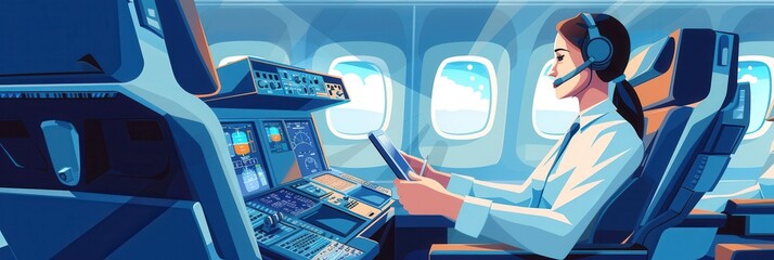 Aufkleber - A flight attendant engages with passengers while providing services in a well-organized cabin during a sunny flight. Generative AI