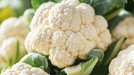 Wall Mural - cauliflower plant stands tall in a vibrant green field, bathed in sunlight. The detailed texture of the vegetable contrasts with the soft, blurred background, emphasizing nature's abundance and harves