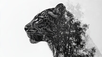 Wall Mural - Leopard and Tree Double Exposure   Black and White Wildlife Art