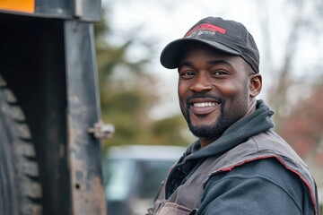 Smiling construction worker in a cap. This photo can be used for marketing materials about construction, labor, or manual labor.