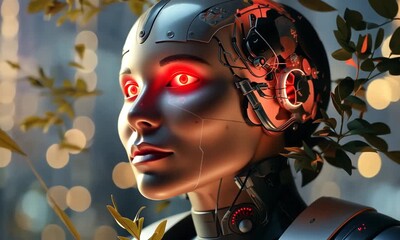 Poster - Exploring the blend of technology and nature in a futuristic city at dusk. Generative AI