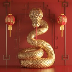 Wall Mural - Concept of Happy Chinese New Year. Chinese new year still life of snake celebration. Chinese characters on the object means to fortune, good luck, wealth, and money flow.