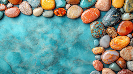 colorful pebbles and sea stones scattered on sand. The image captures the textures, shapes, and natural beauty of the stones, creating a calming and peaceful visual effect